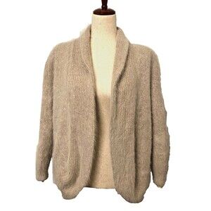 Vintage Women's XL Open Front Cardigan Beige Angora Wool Fuzzy Soft Lined Japan